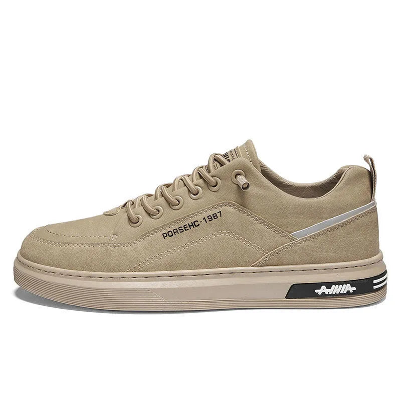 Men's low-top casual shoes with round toe and artificial PU upper in khaki colour