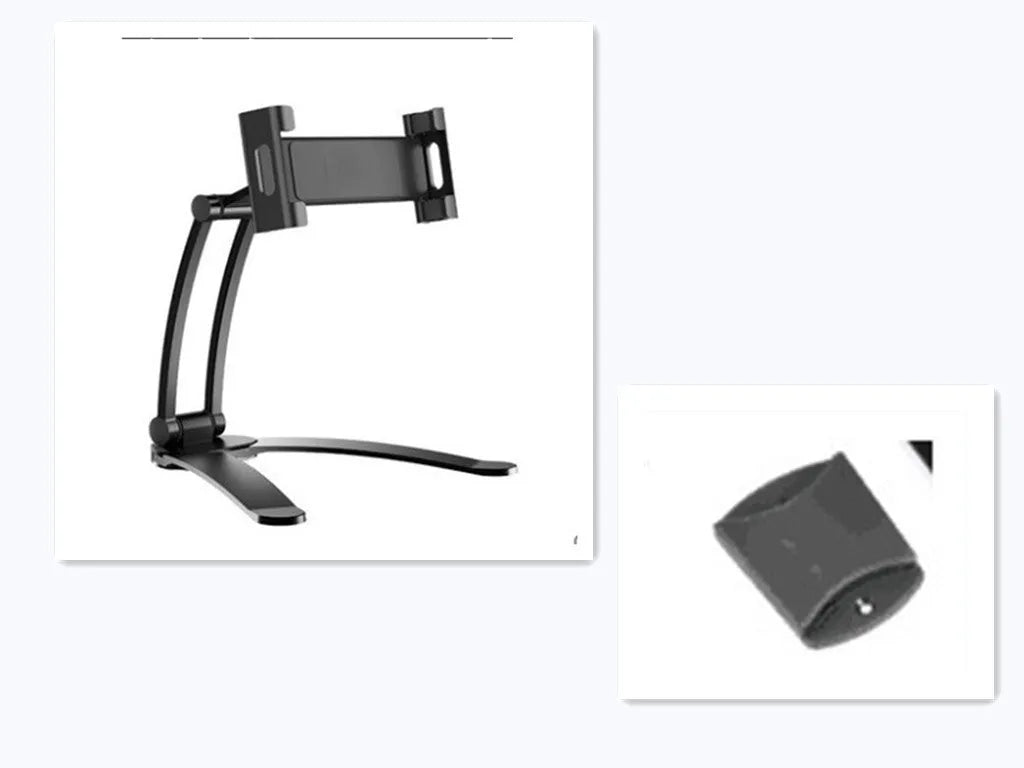 Silver aluminium alloy desktop tablet stand holding a tablet, showing 360-degree adjustable arm and mounting base.