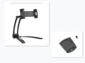 Silver aluminium alloy desktop tablet stand holding a tablet, showing 360-degree adjustable arm and mounting base.