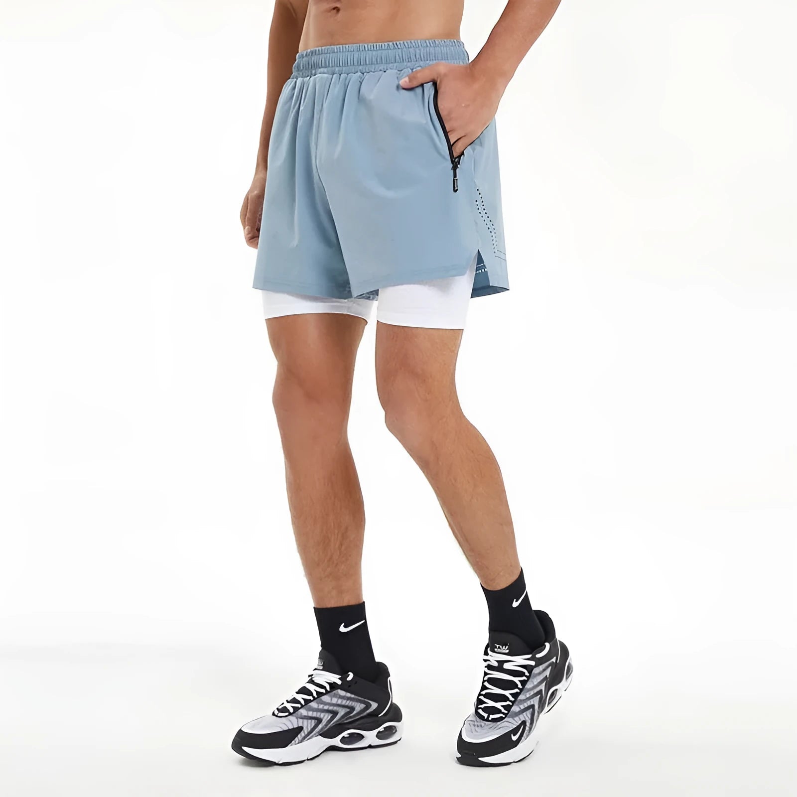 Men's black running shorts with quick-dry fabric and integrated support liner for fitness activities