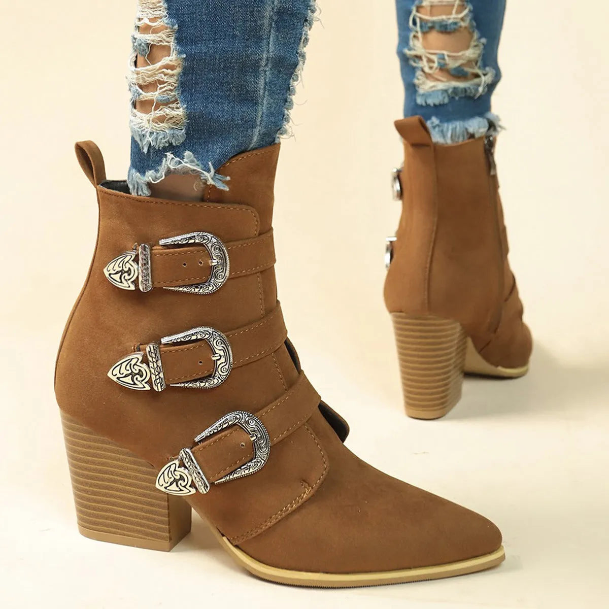 Chunky heel pointed toe retro mid-calf boots with belt buckle design for women, black colour, side view