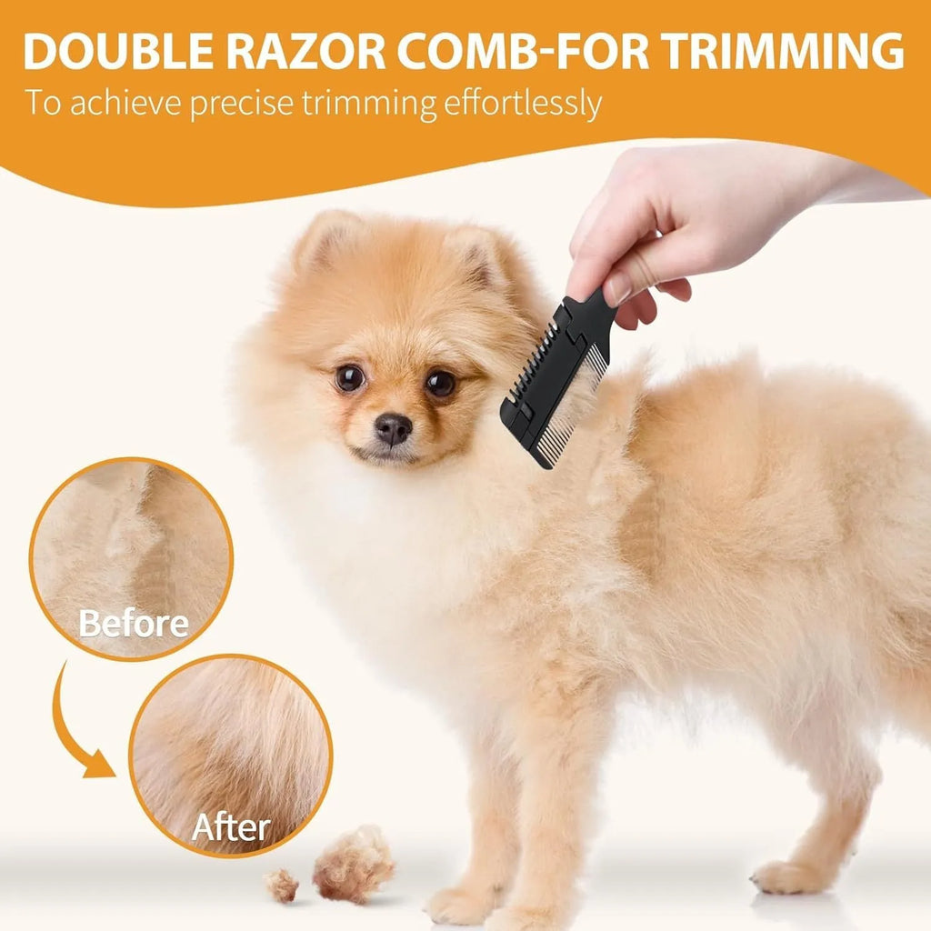 Pet razor comb grooming tool with comb teeth and trimming blade, shown with replacement blades