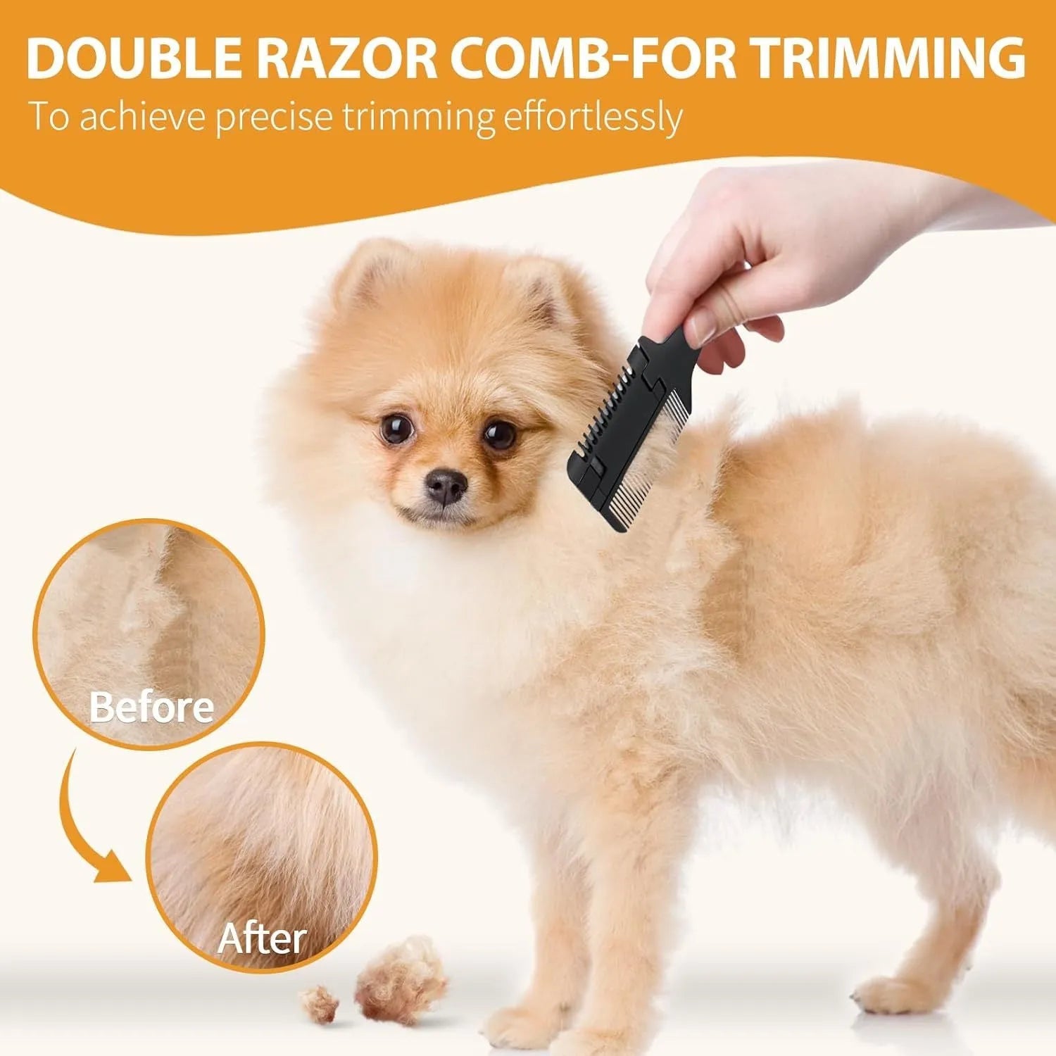 Pet razor comb grooming tool with comb teeth and trimming blade, shown with replacement blades
