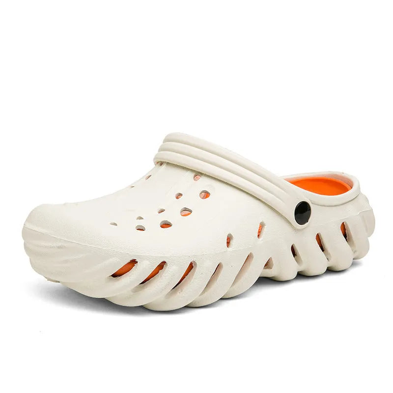 Men's beige EVA slipper sandals showing breathable hole design and textured non-slip sole.