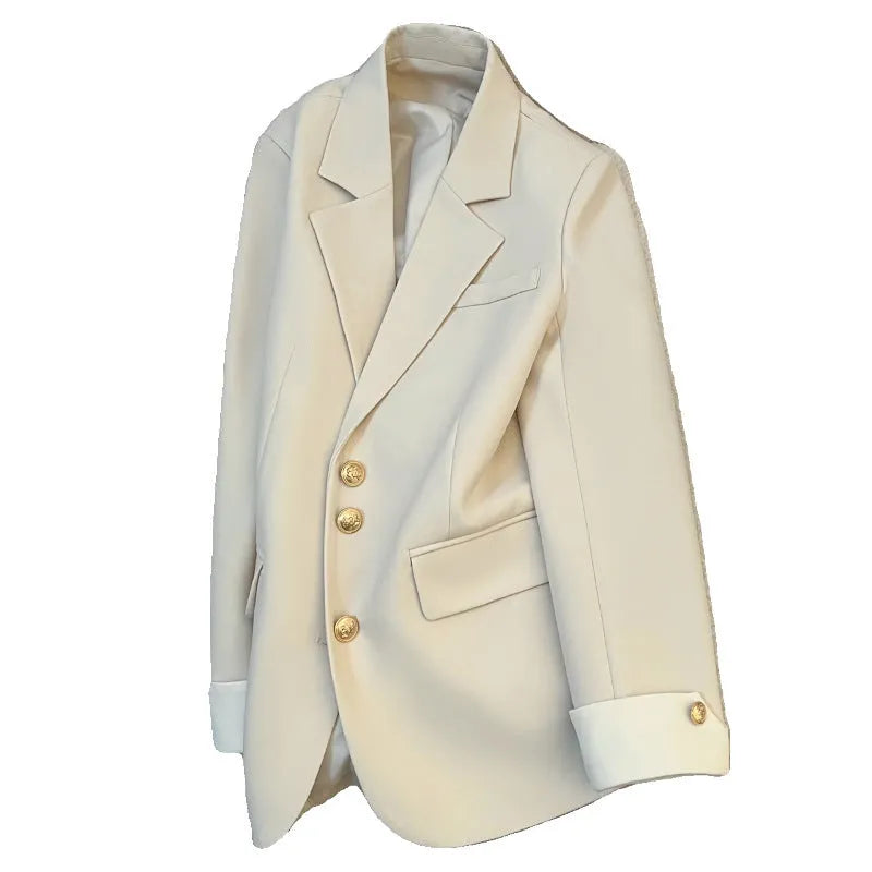 Korean style loose fit women's coat in beige and black with long sleeves and pockets.
