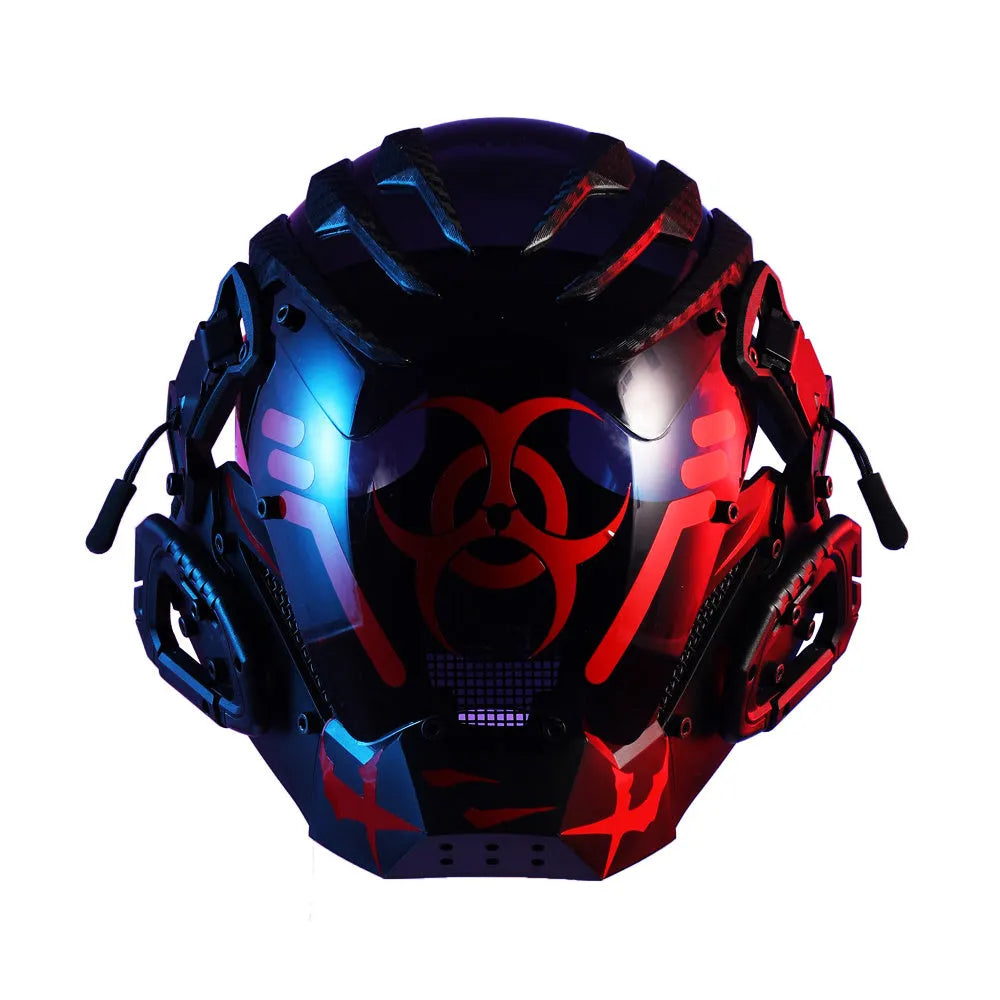 Black full face bioweapon themed prop helmet for cyberpunk cosplay.