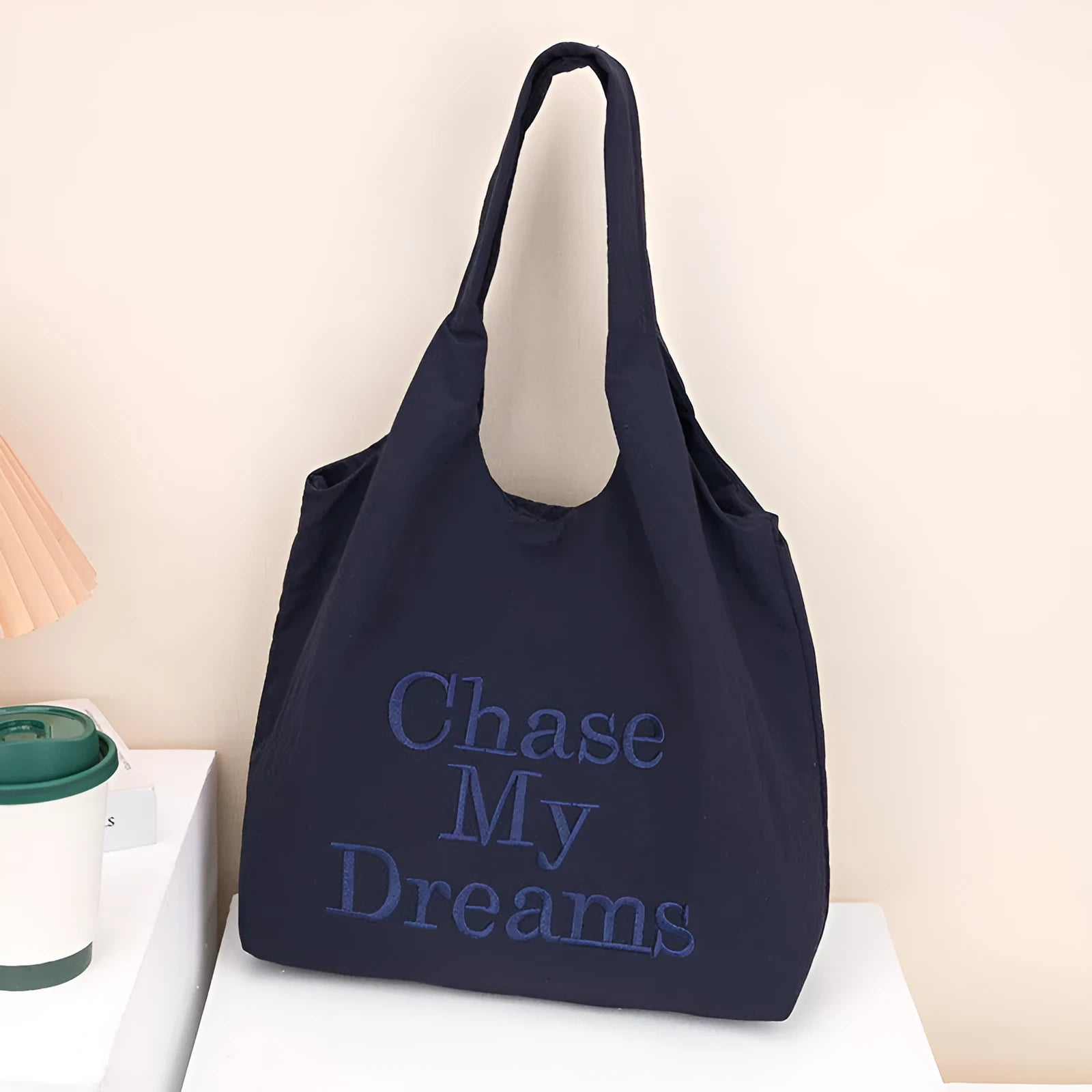 Korean-style 3D letter nylon shoulder bag with minimalist embroidery in horizontal rectangular shape, double straps, available in multiple colours