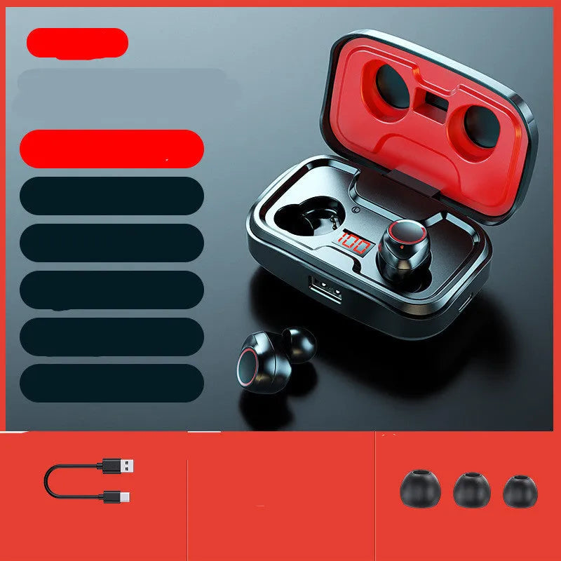 Black wireless in-ear earphones with Bluetooth 5.0 shown with a 10-metre range indicator.