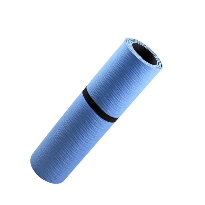 Blue conductive grounding yoga mat with floral pattern, showing grounding wire and 182cm x 61cm x 5mm dimensions.