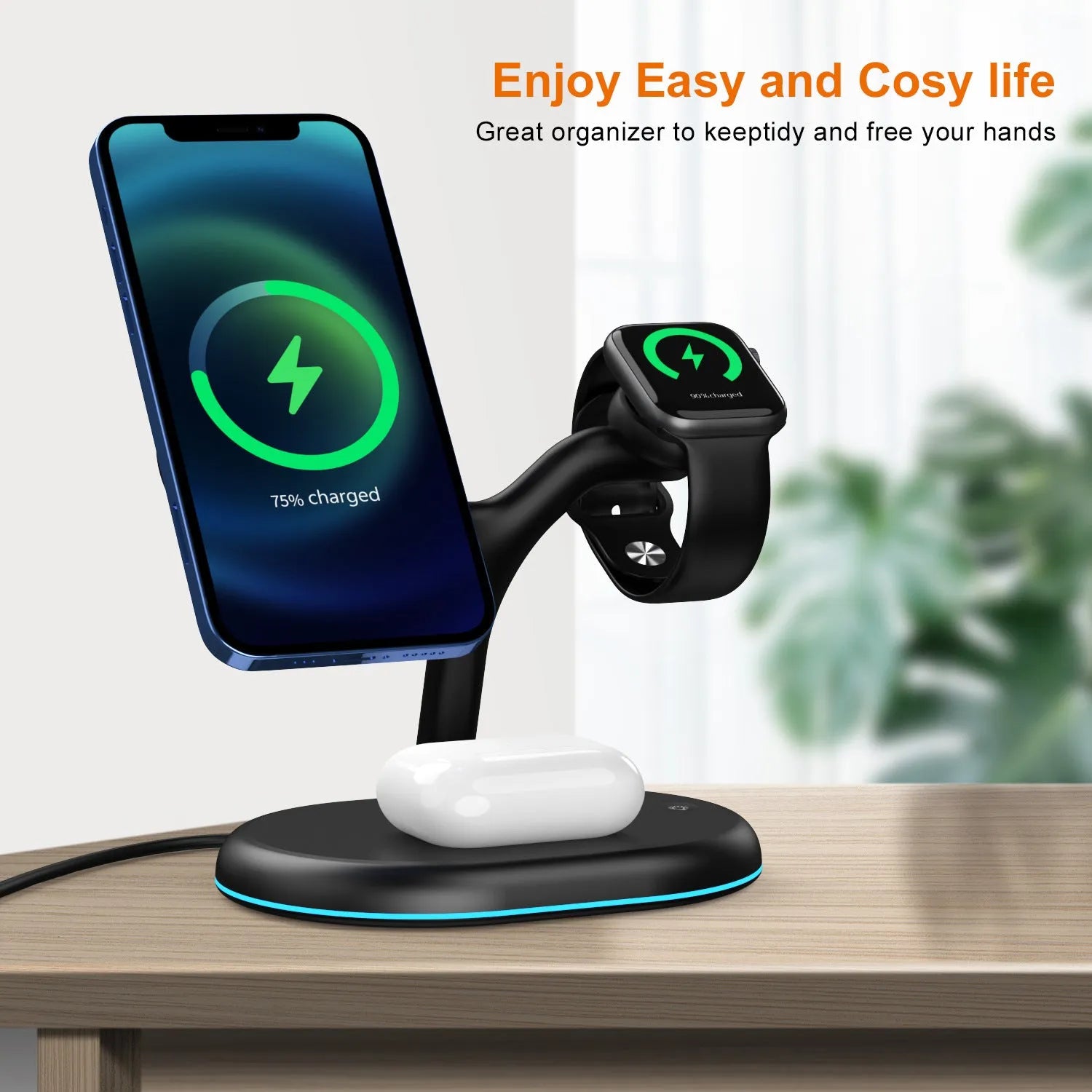 Black three-in-one magnetic wireless charger for smartphones on a plain surface