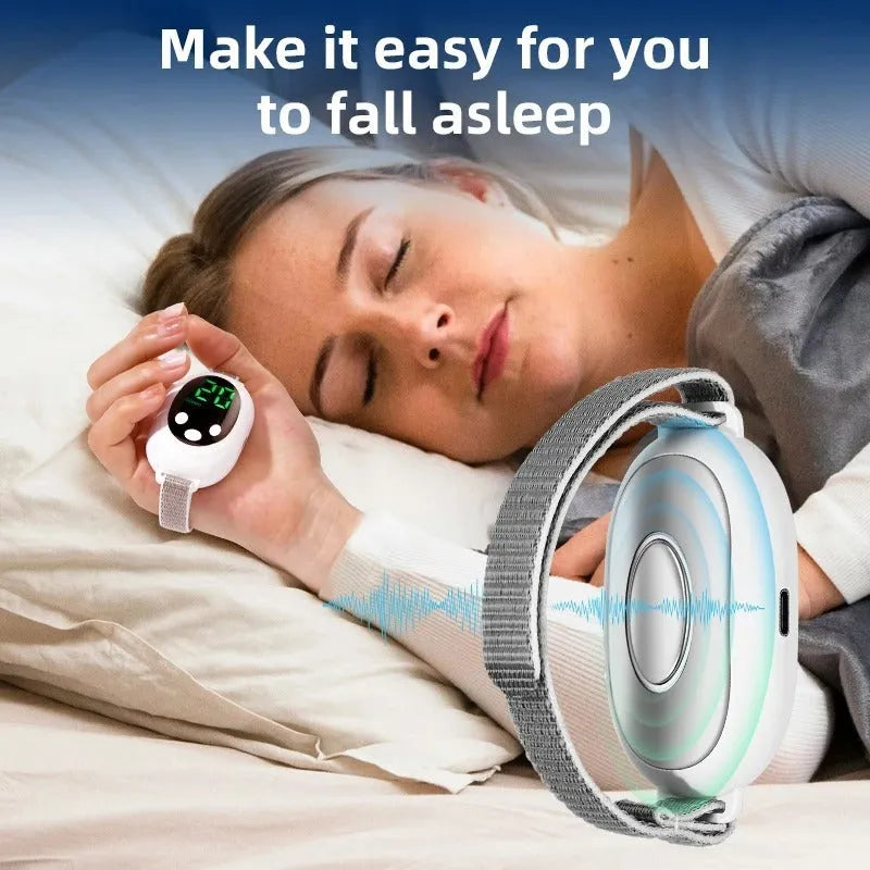 White handheld sleep aid device with remote control and adjustable intensity settings