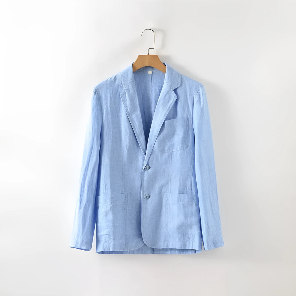 Men's thin linen suit coat in a solid colour on a hanger, showing stick pocket detail.