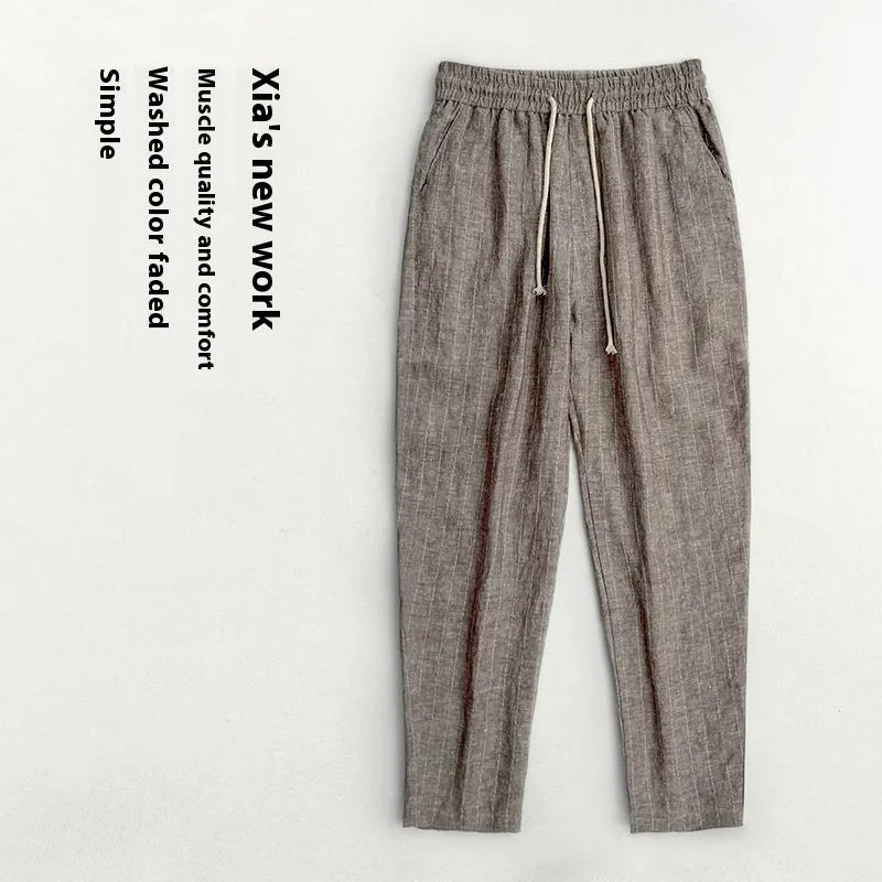 Men's striped cotton linen cropped summer casual pants in multiple colour variations