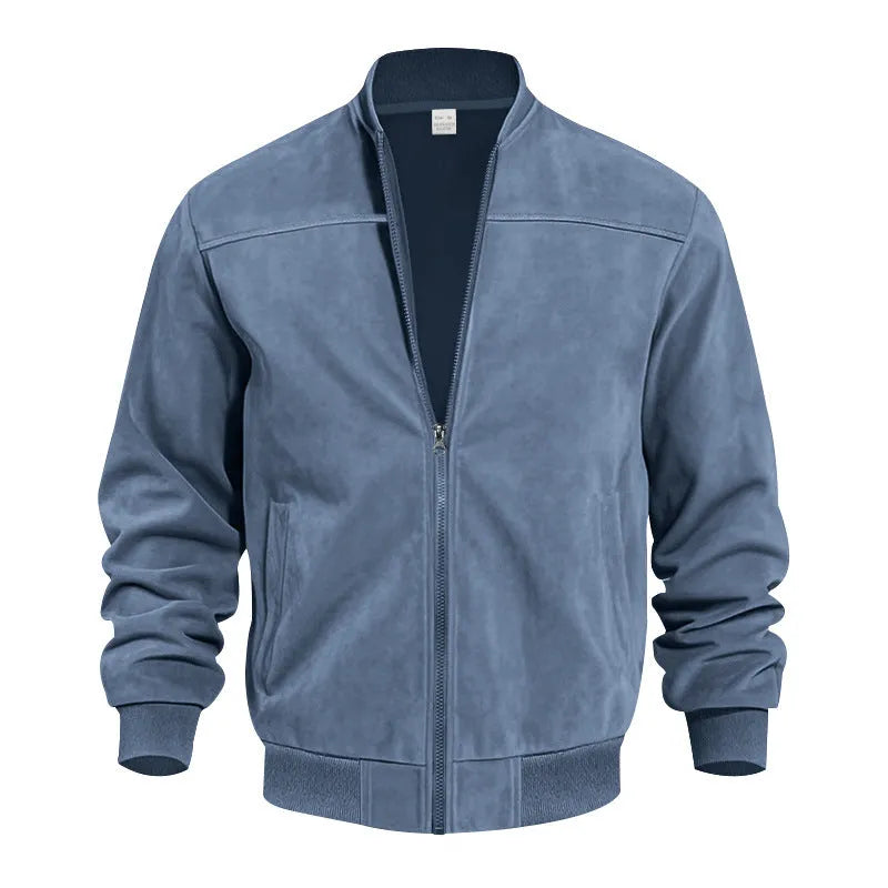 Men's plus size suede zip-up casual jacket in army green colour on a hanger.