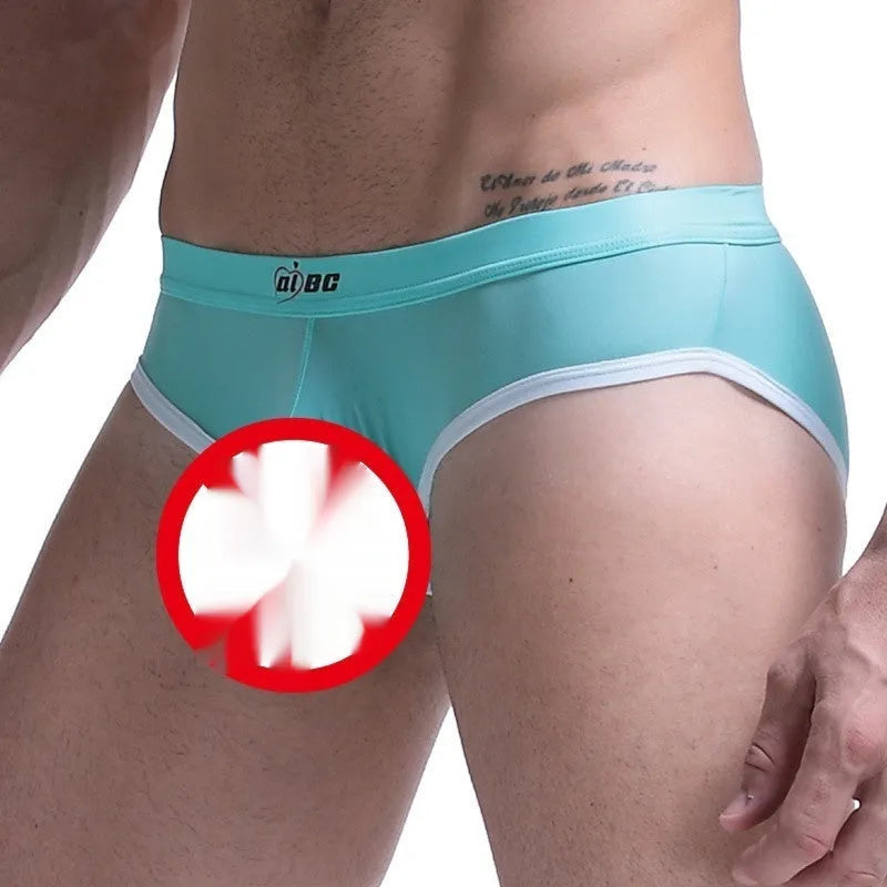 Men's ice silk bazooka briefs in seven colours showing mid-waist design and bullet separation