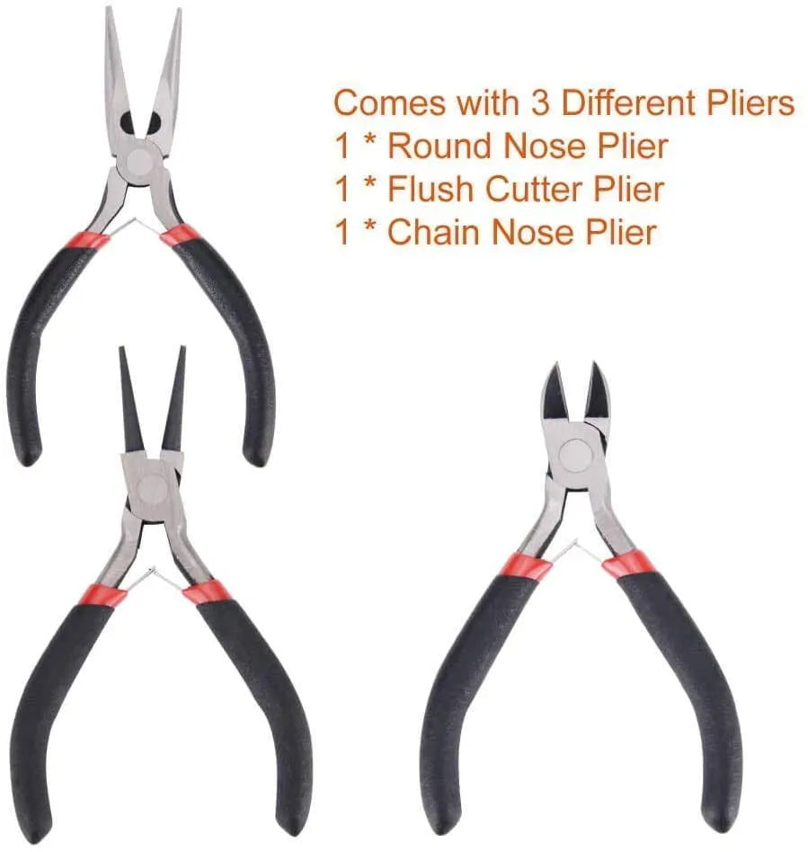 Jewelry making repair kit with metal beads, copper wire, and pliers in a compact 23cm case