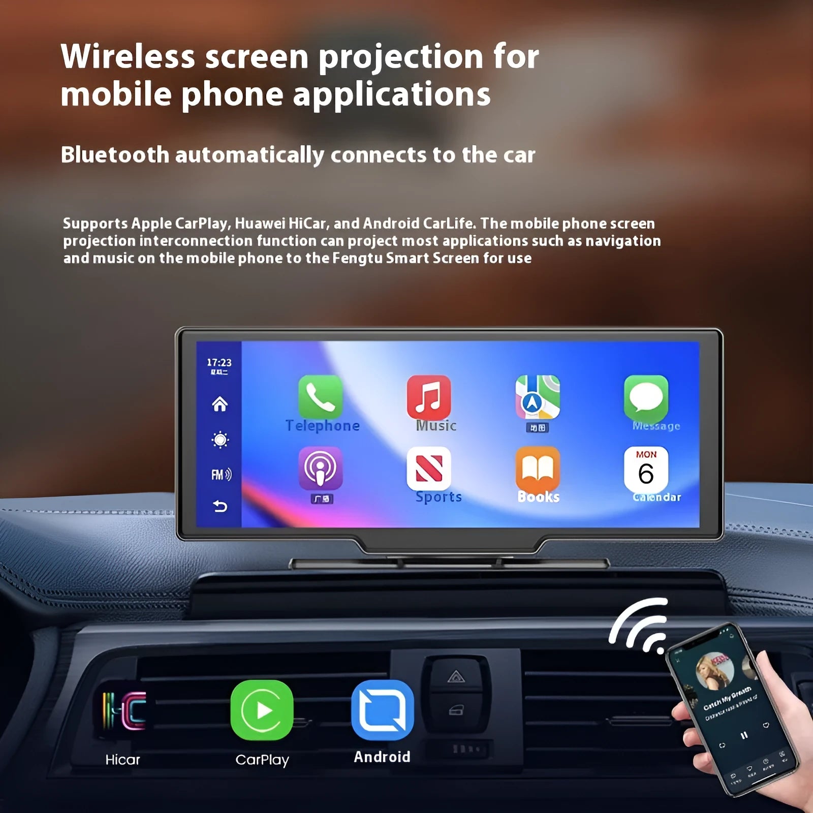 10-inch car touchscreen display showing CarPlay interface mounted on a car dashboard