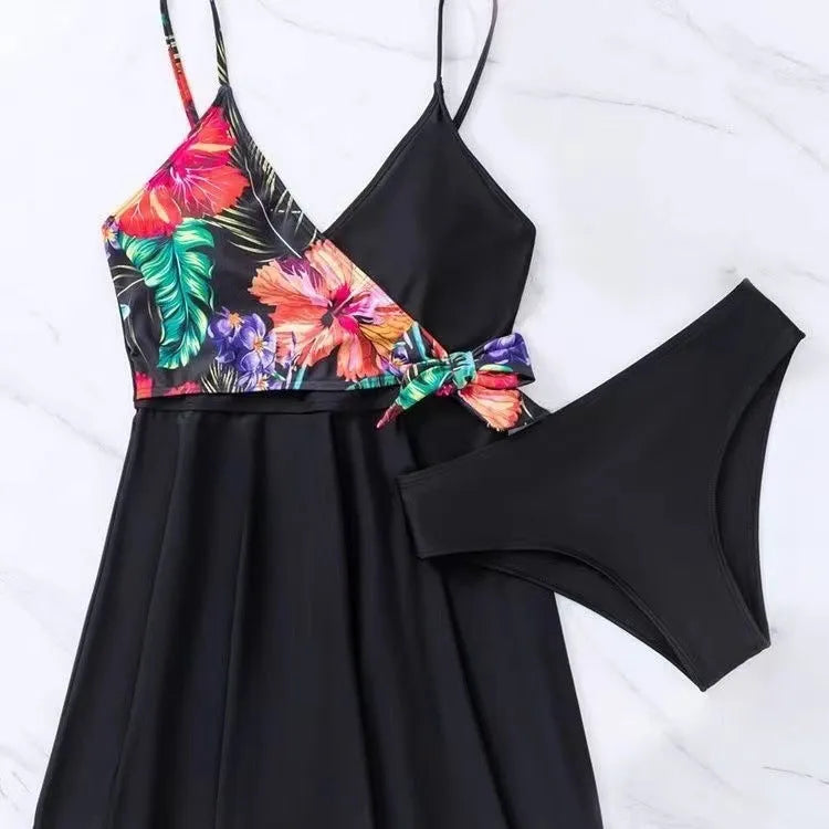 Black women's high waist printed split bikini for sports and swimming activities