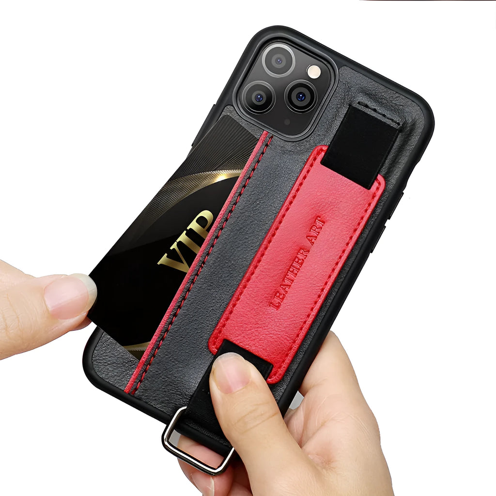 Brown imitation leather iPhone case with a wrist strap, shown attached to an iPhone.