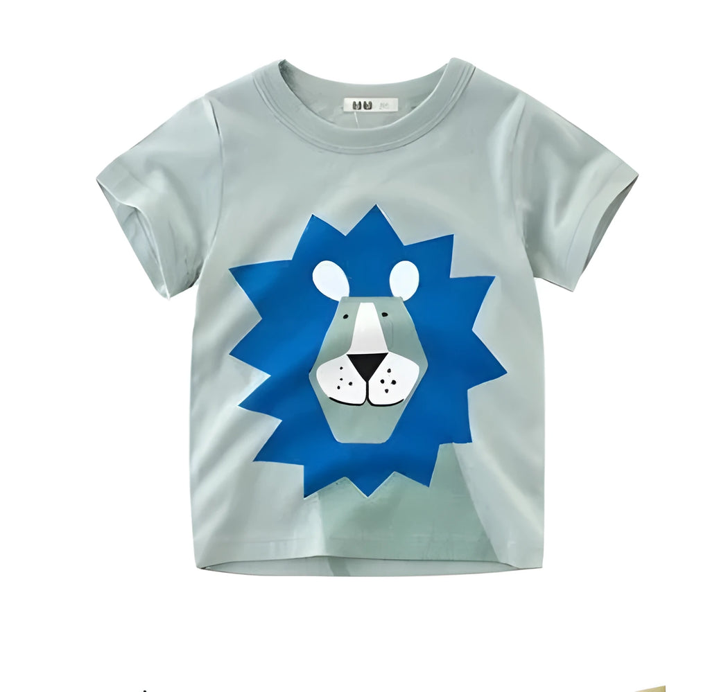 Children's green lion print cotton T-shirt on a hanger, showing crew neck and short sleeves.