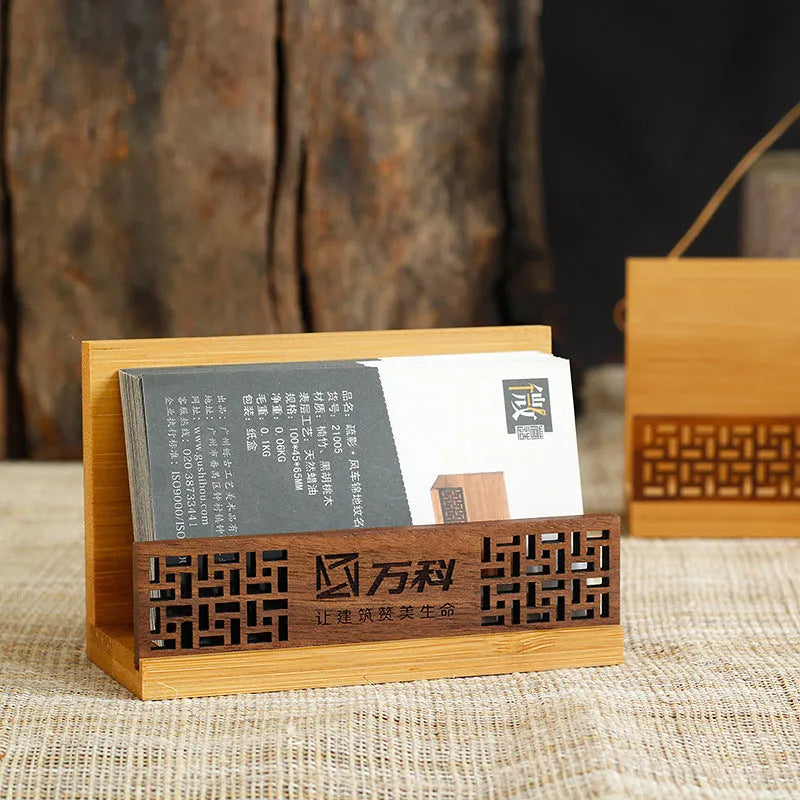 Geometric bamboo and black walnut business gift box for 80 cards.
