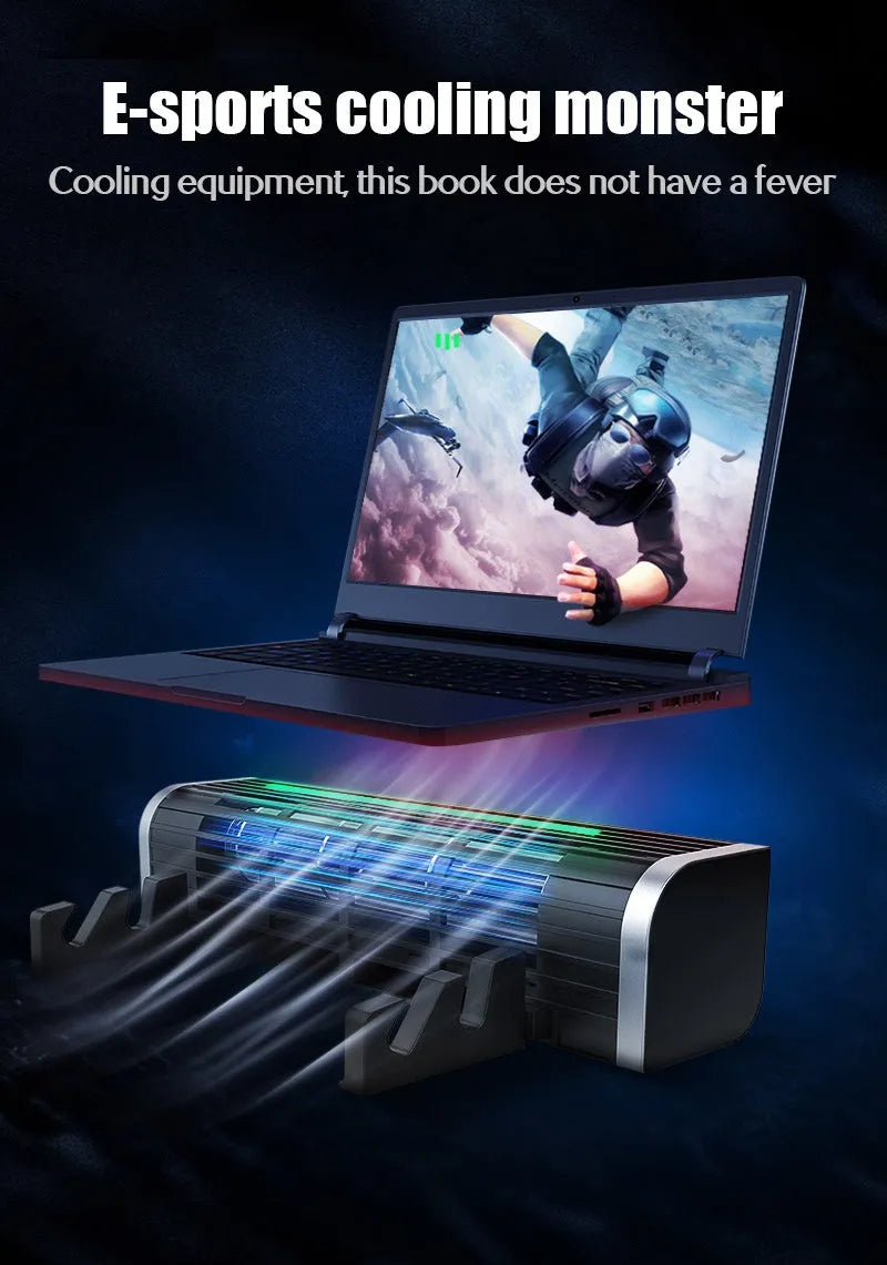 Black notebook cooling pad with integrated fan, shown supporting a laptop.