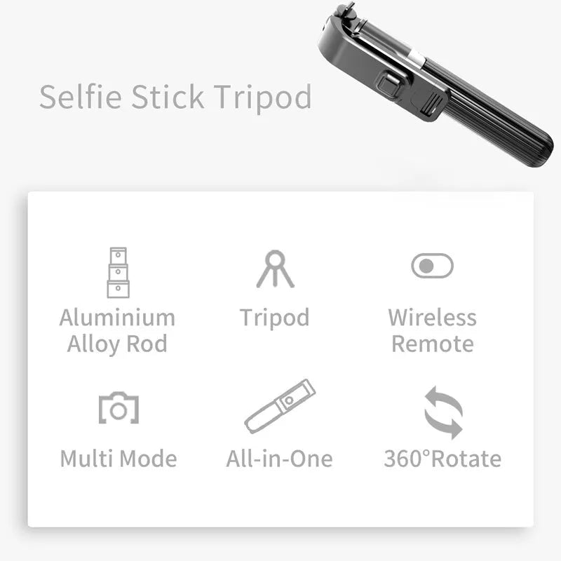 Black aluminium tripod selfie stick extended with Apple iPhone mounted on adjustable legs
