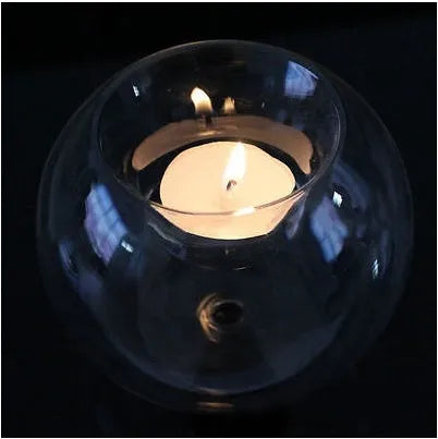 Clear handmade round glass bowl candle holder in three sizes: 10cm, 12cm, and 8cm diameter.