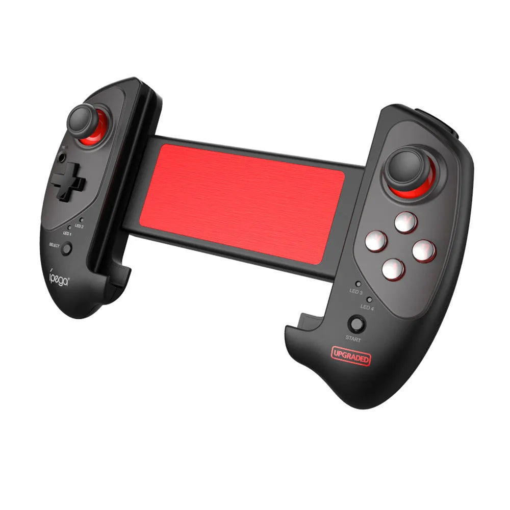 Red telescopic gamepad controller with USB cable on a dark surface.