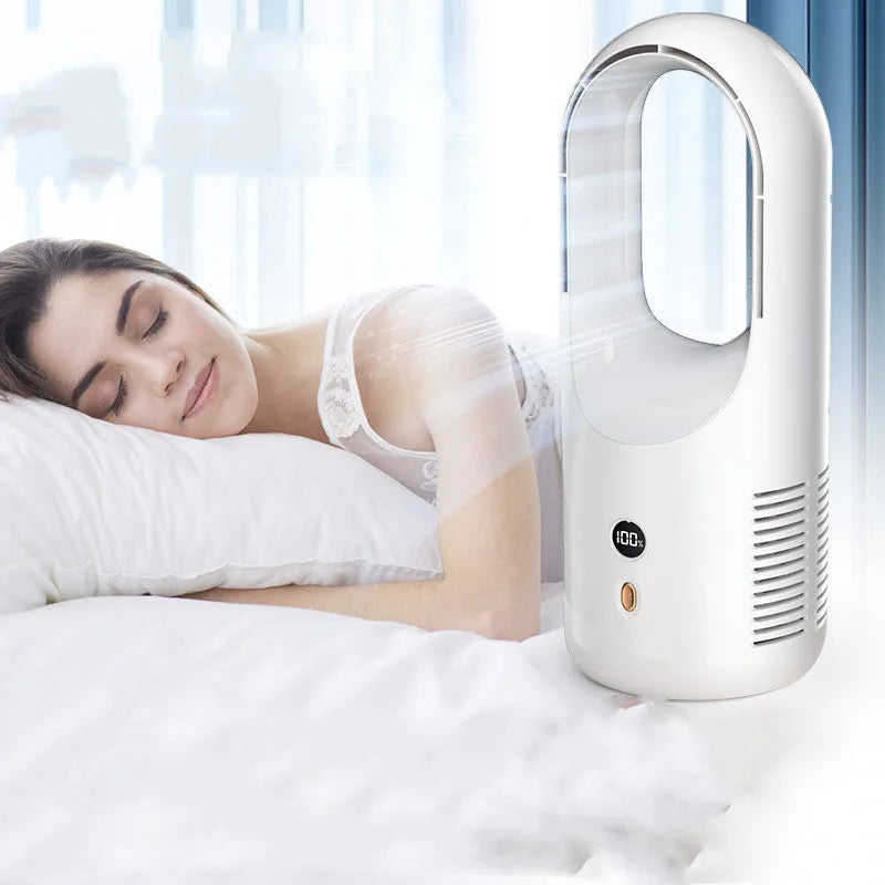 White bladeless electric desk fan with LED display on a desk, showing portable USB rechargeable design.