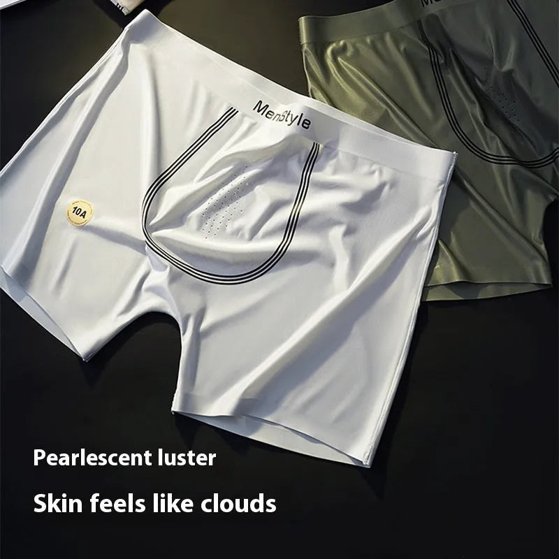 Men's satin ice silk seamless boxer shorts in mid-waist style, shown in dark grey colour.
