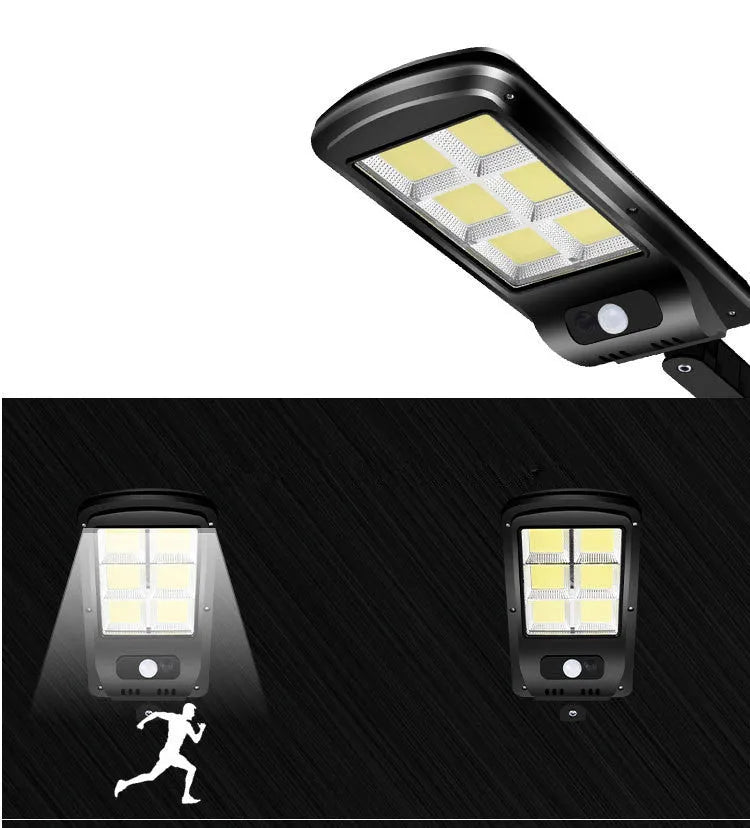 Black solar-powered outdoor motion sensor light mounted on a wall or fence post.