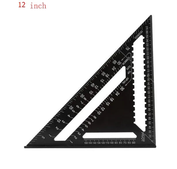 Black aluminium triangle ruler square showing 90 and 45 degree angles with measurement scales