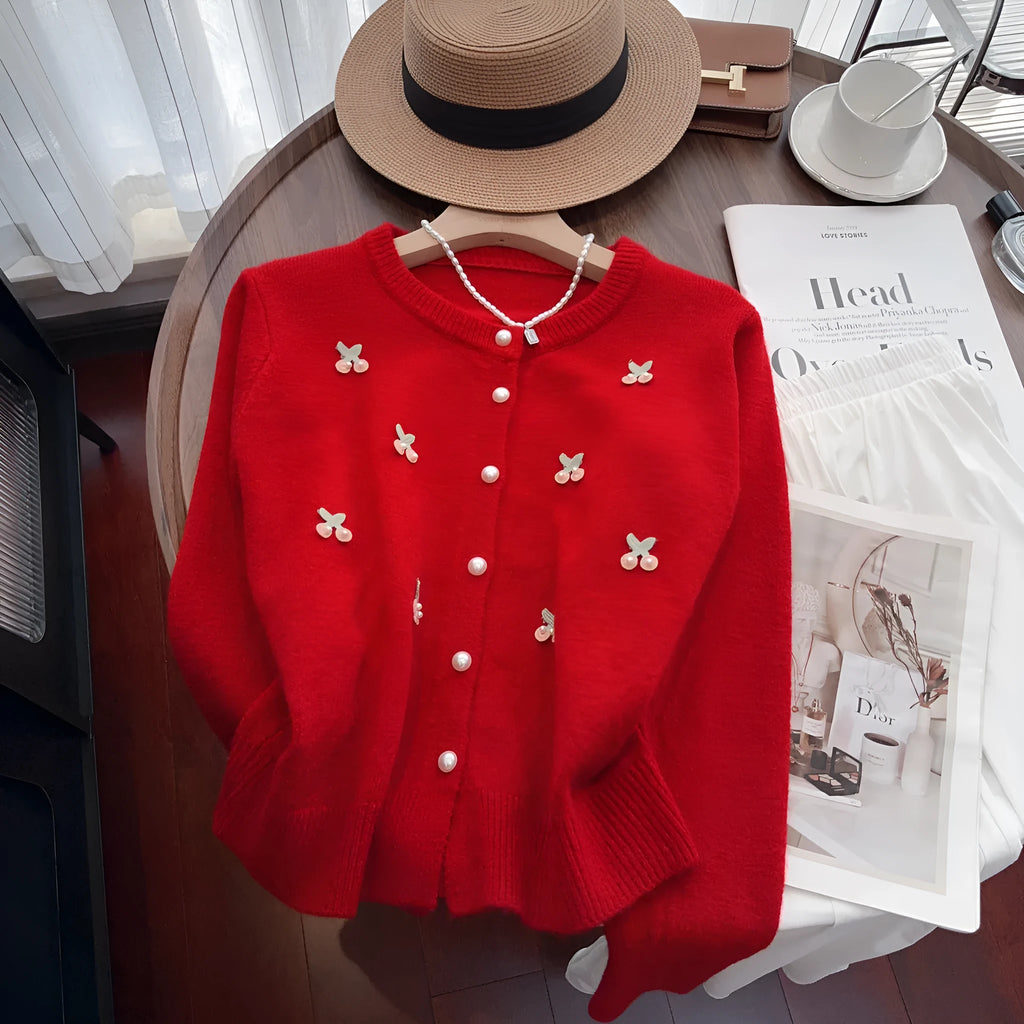 Women's beaded cashmere cardigan sweater coat in slim fit, shown in one of four available colours.