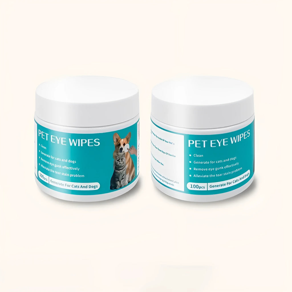 Canister of 100 pet eye cleaning wipes with aloe and chamomile extract