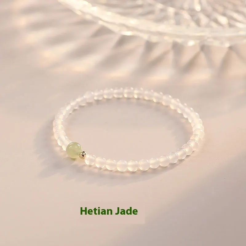 Natural Hetian jade white agate women's bracelet with 15cm circumference and manual craftsmanship