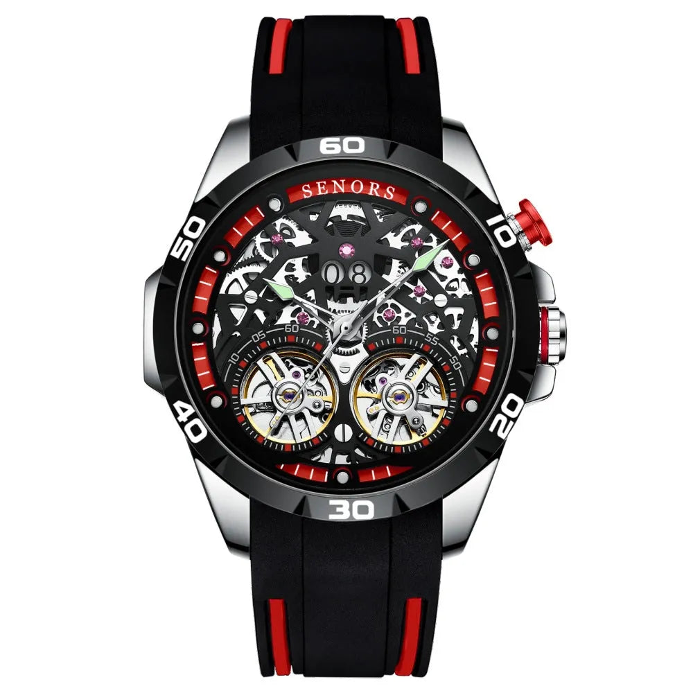 Automatic mechanical men's watch with luminous hands on a hollow design case in blue colour.