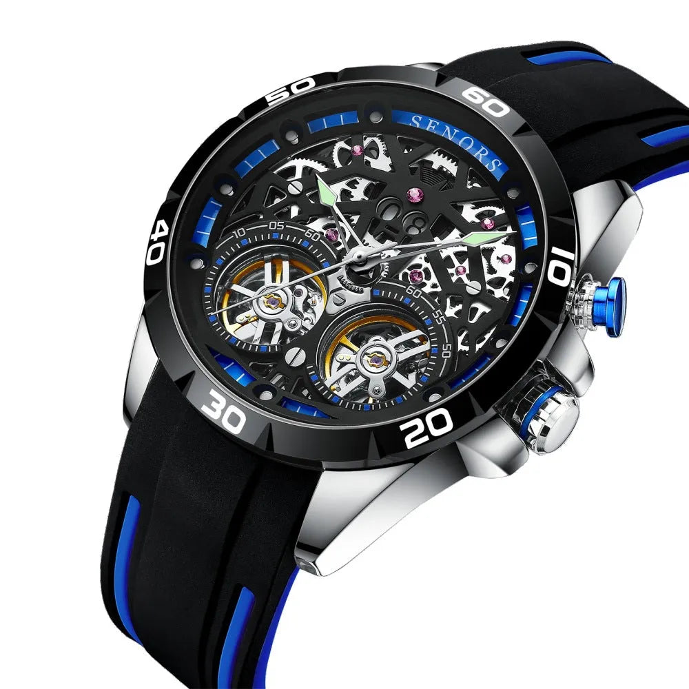 Automatic mechanical men's watch with luminous hands on a hollow design case in blue colour.