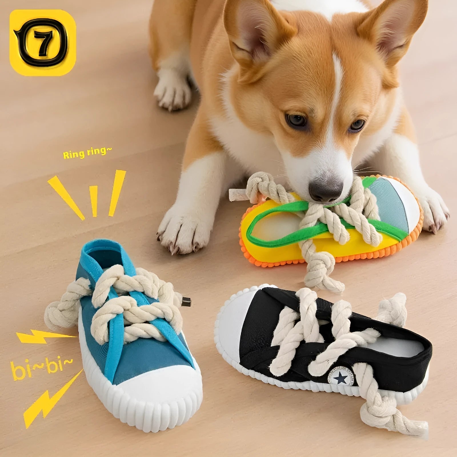 Yellow plastic dog slipper toy with a squeaker for chewing.