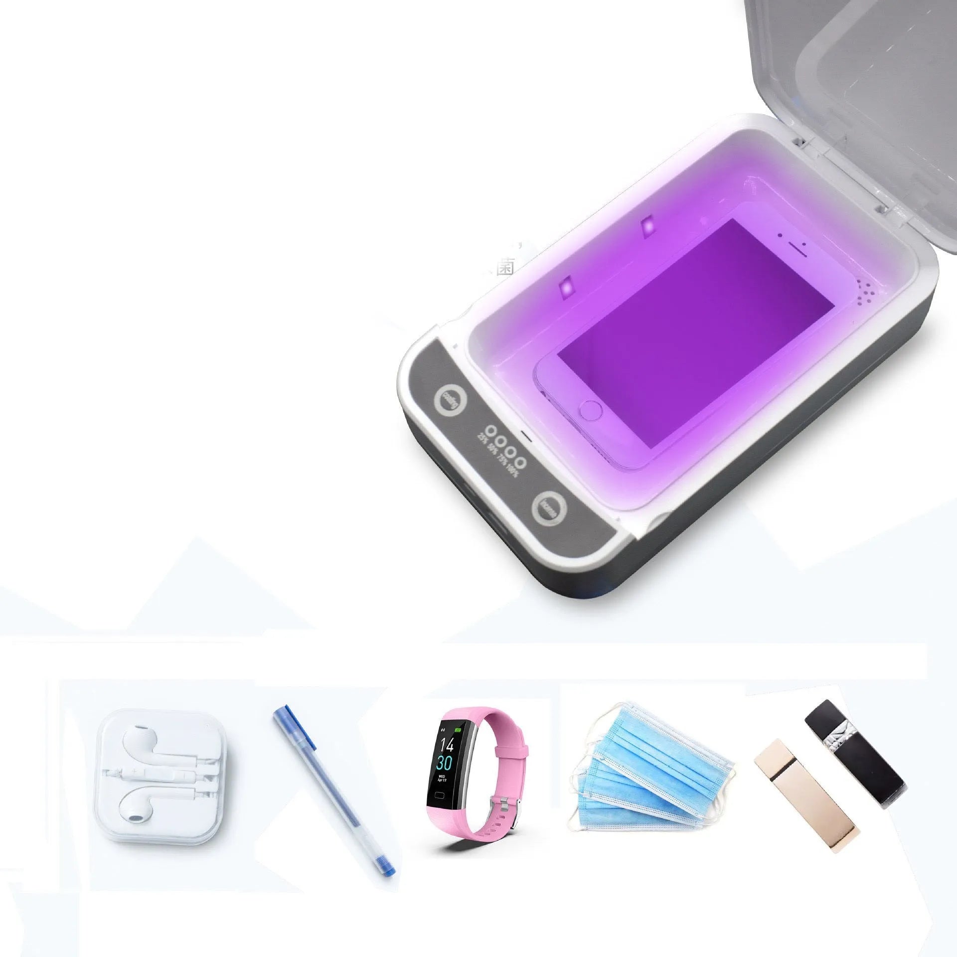 Black UV disinfection box with internal chamber for sanitising mobile phones and small items.