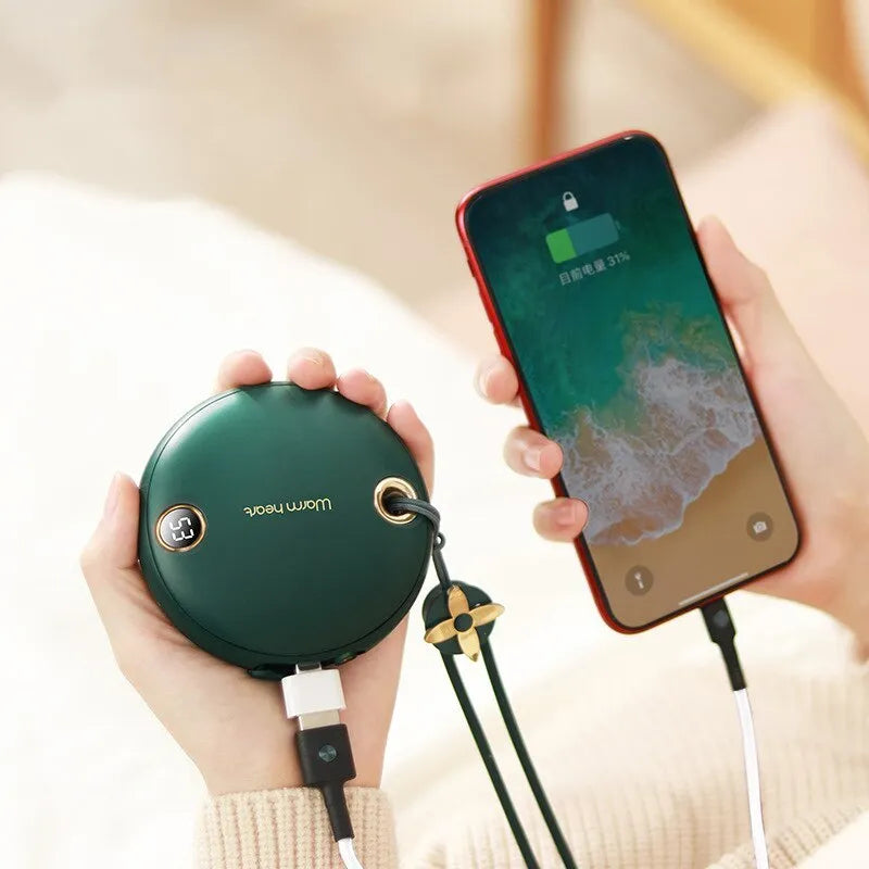 Green portable hand warmer power bank with digital display showing battery level, includes Type-C cable