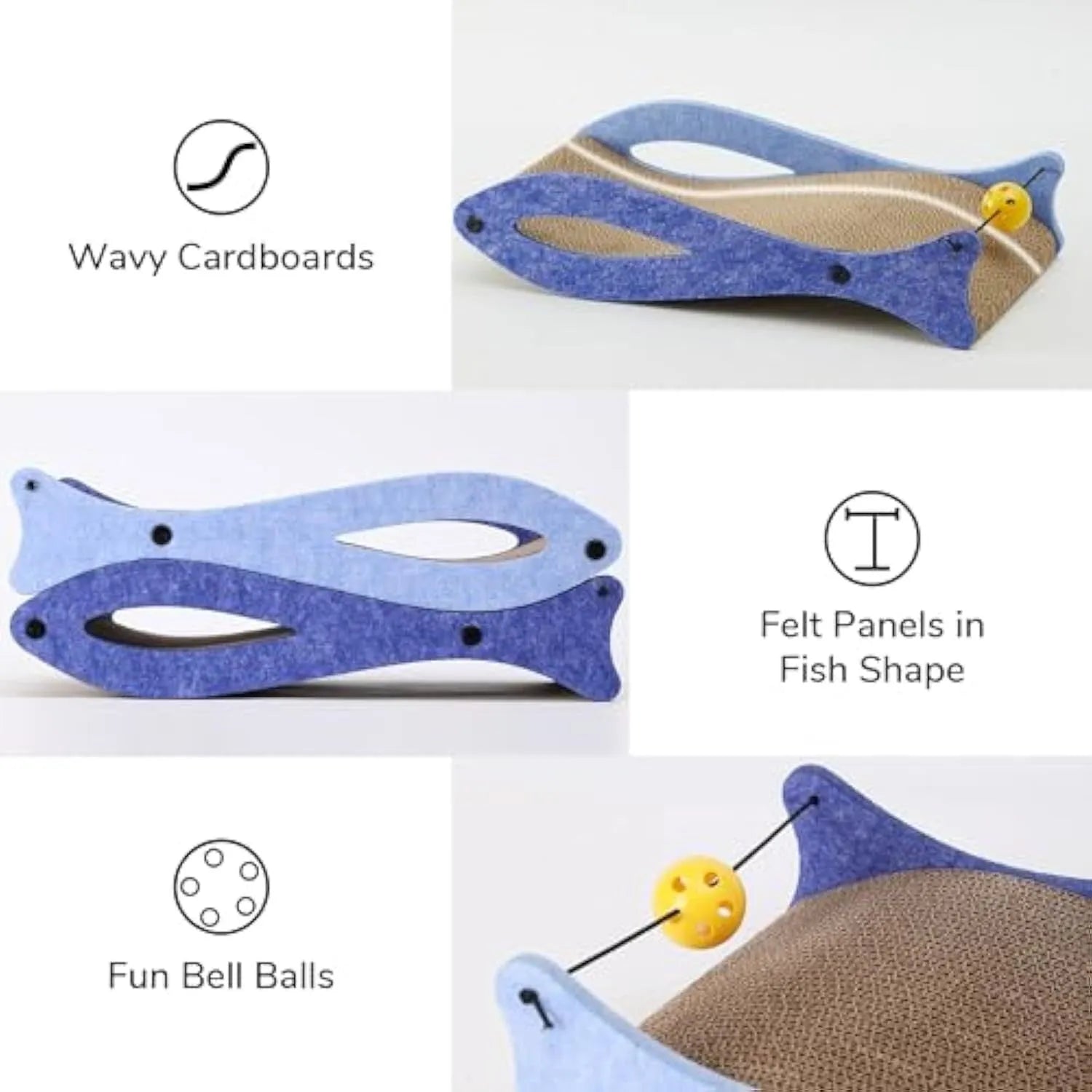 Blue fish-shaped cat scratcher lounge with bell ball toy on elastic cord