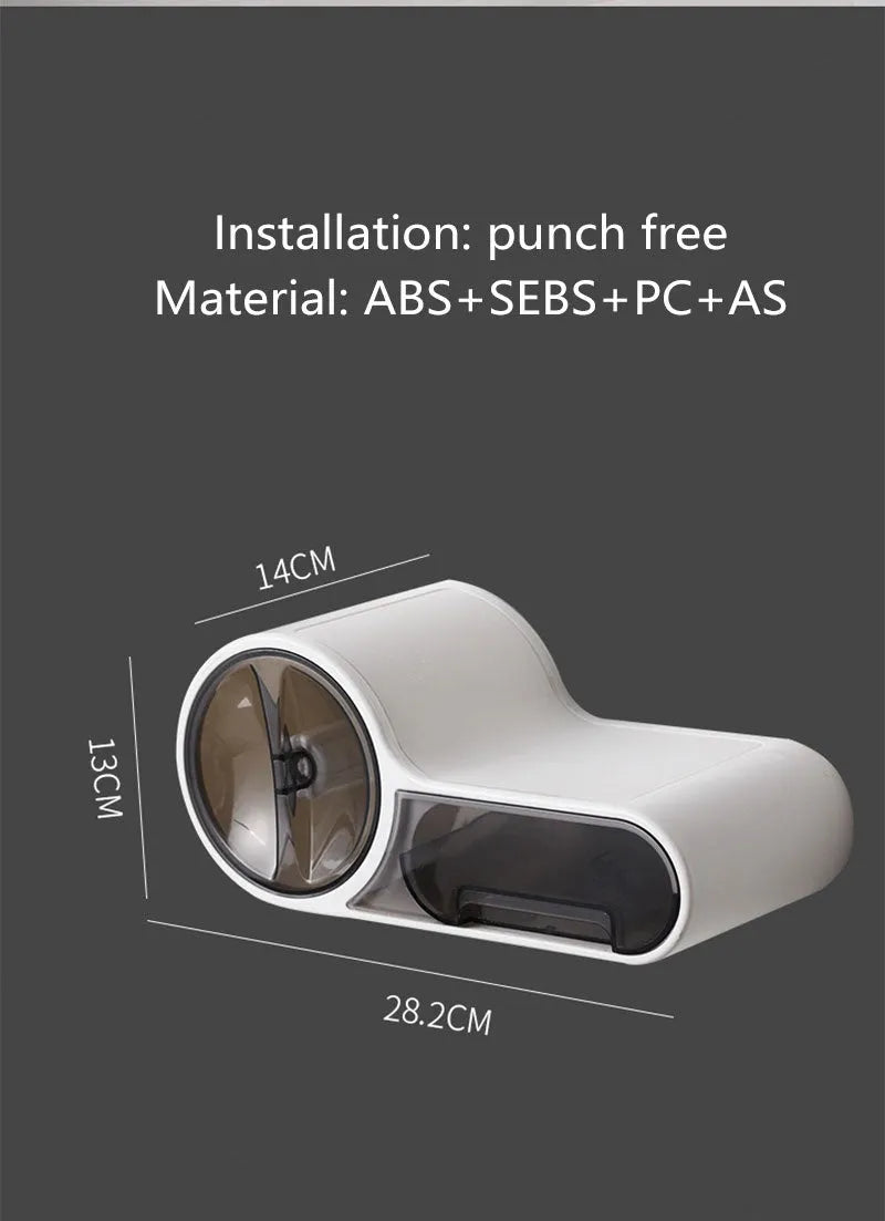 White plastic toilet roll holder with streamline curve design mounted on a bathroom wall.