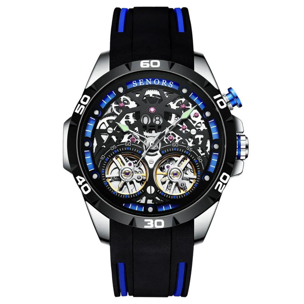 Automatic mechanical men's watch with luminous hands on a hollow design case in blue colour.