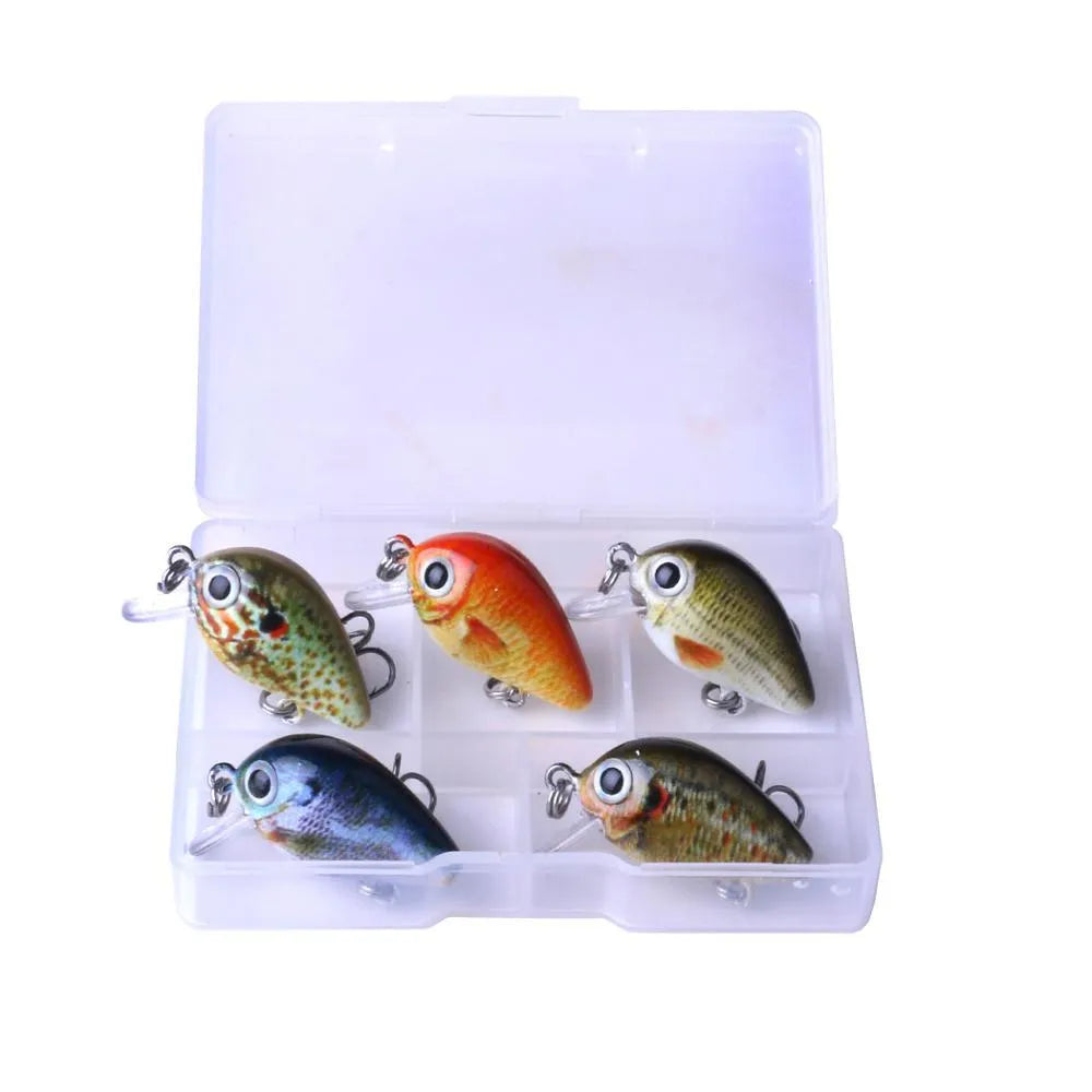 Mini crankbait fishing lures 2.7 cm 1.5 g with 3D holographic eyes and bright colours, 5-piece set in box