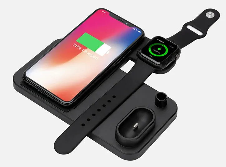 Black 4-in-1 wireless charging station showing phone on adjustable stand, with Apple Watch and AirPods charging.