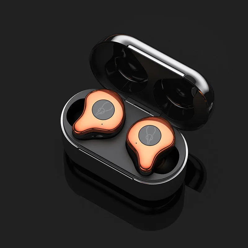 Wireless TWS Bluetooth earbuds in a charging case, showing colour options including red, silver, and grey.