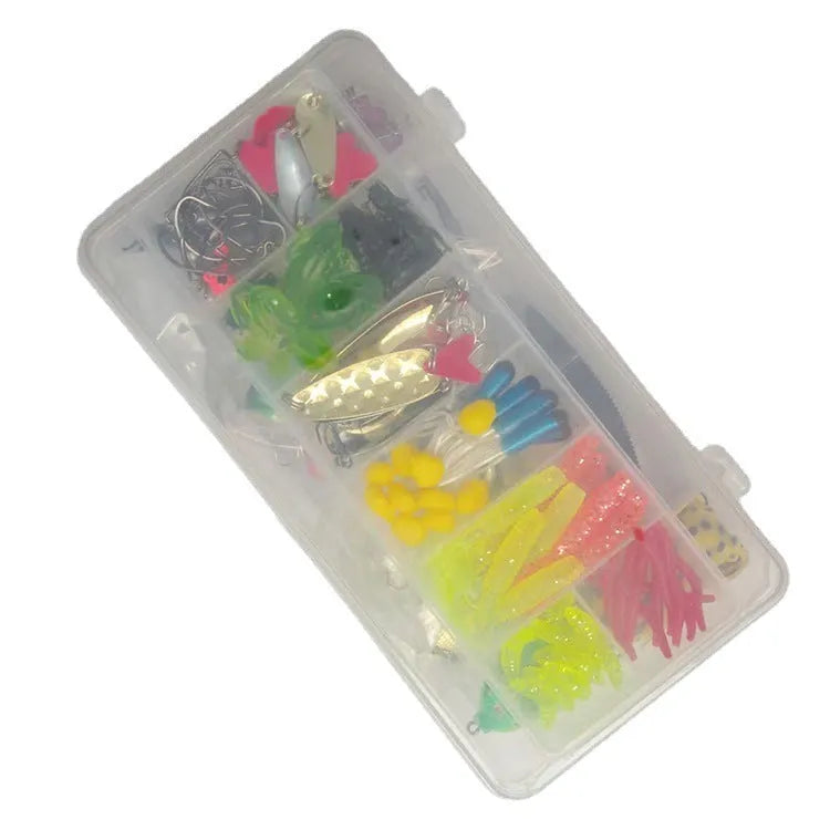 142-piece fishing lure collection with metal pliers showing hard mino and sequin baits