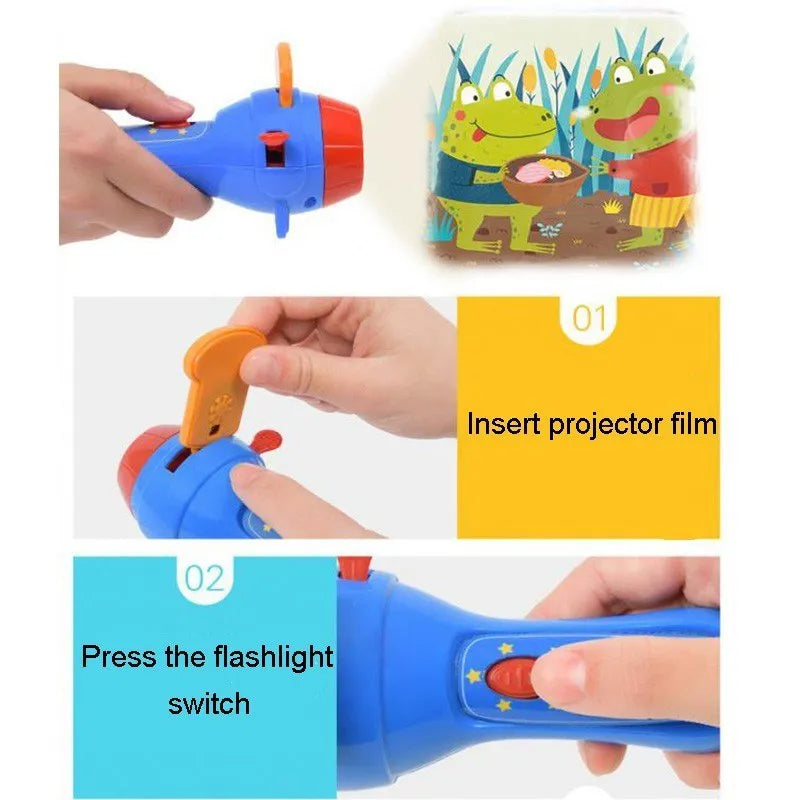 Kids handheld projector torch with clip-on discs projecting fairy tale images on ceiling