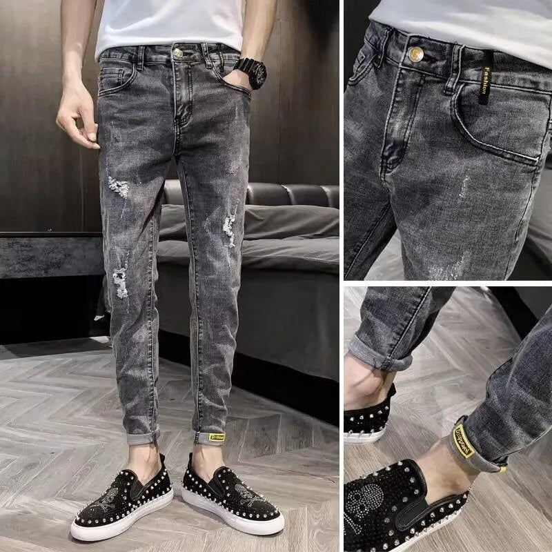 Men's high-waist blue denim jeans with button fly and standard trouser length on mannequin